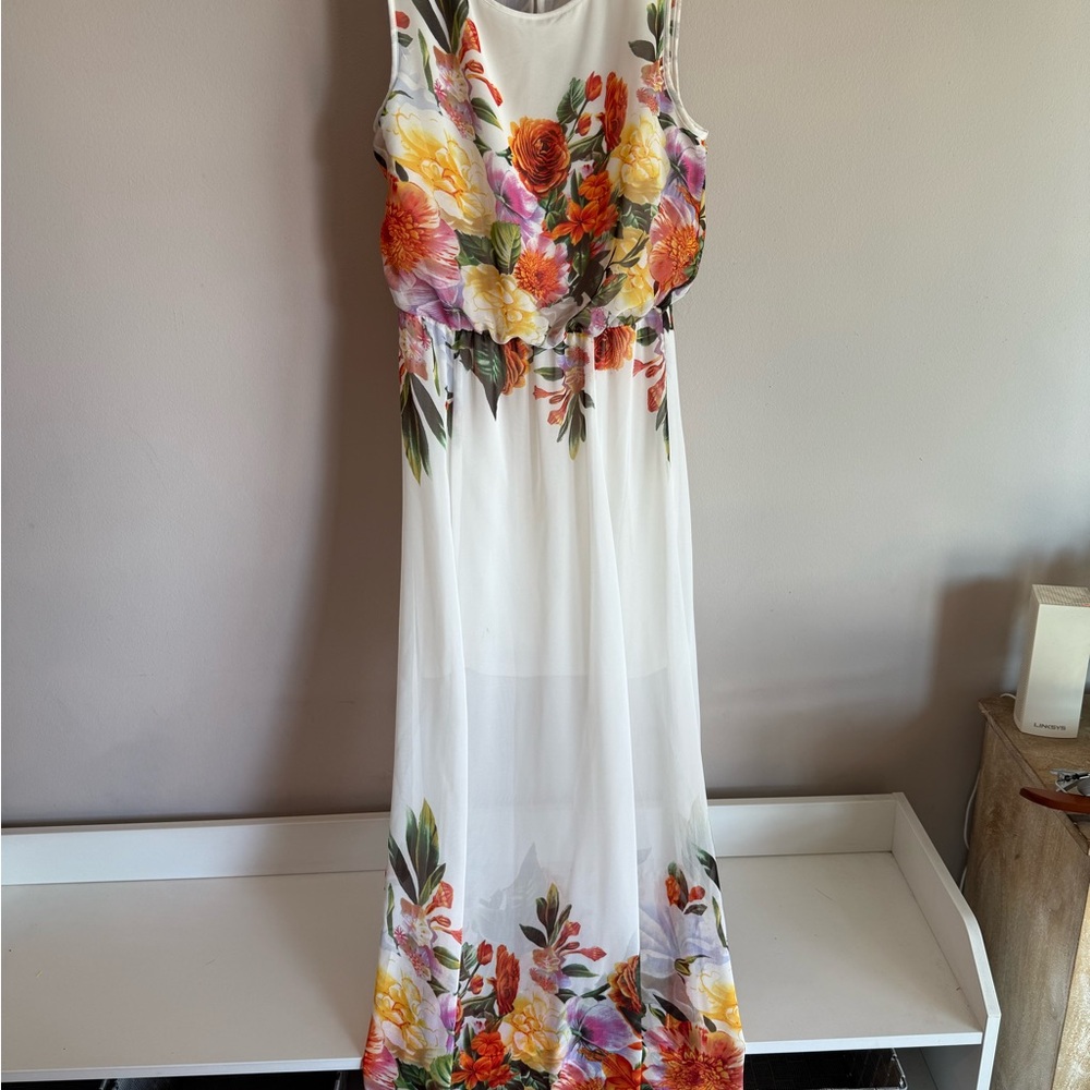 Bisou Bisou Michele Bohbot Floral Maxi Dress White Sleeveless Chiffon Size 4